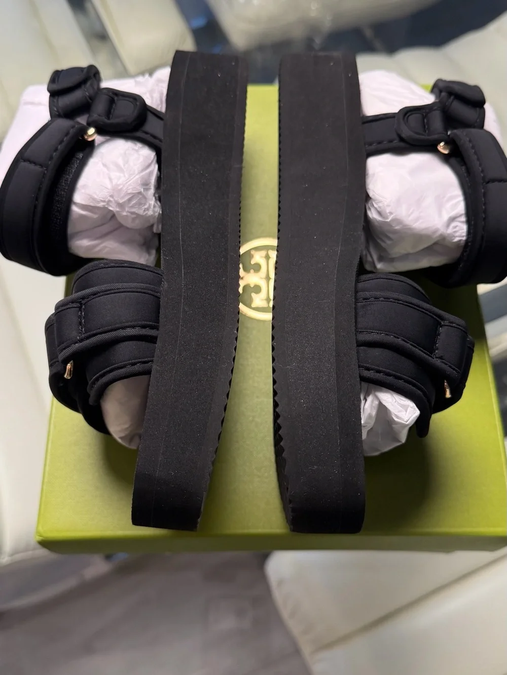 Tory Burch Black Platform Sandals with Gold Logo